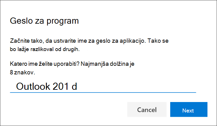 Posnetek zaslona, na katerem je prikazana stran z geslom za aplikacijo z vnesenim imenom aplikacije