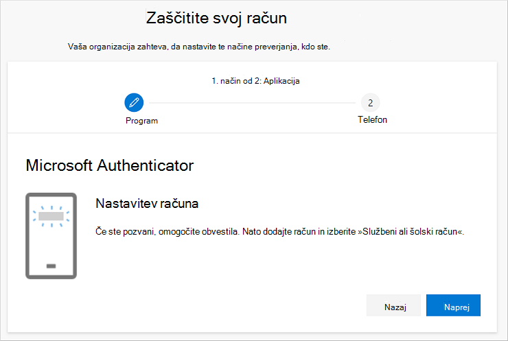 Čarovnik za zaščito računa, ki prikazuje stran za nastavitev računa