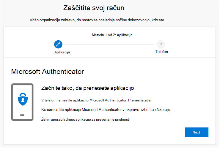 Čarovnik za varnost računa, ki prikazuje stran za prenos aplikacije Authenticator