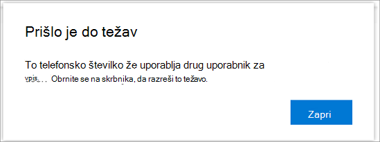 Sporočilo o napaki, ko je vaša telefonska številka že uporabljena]