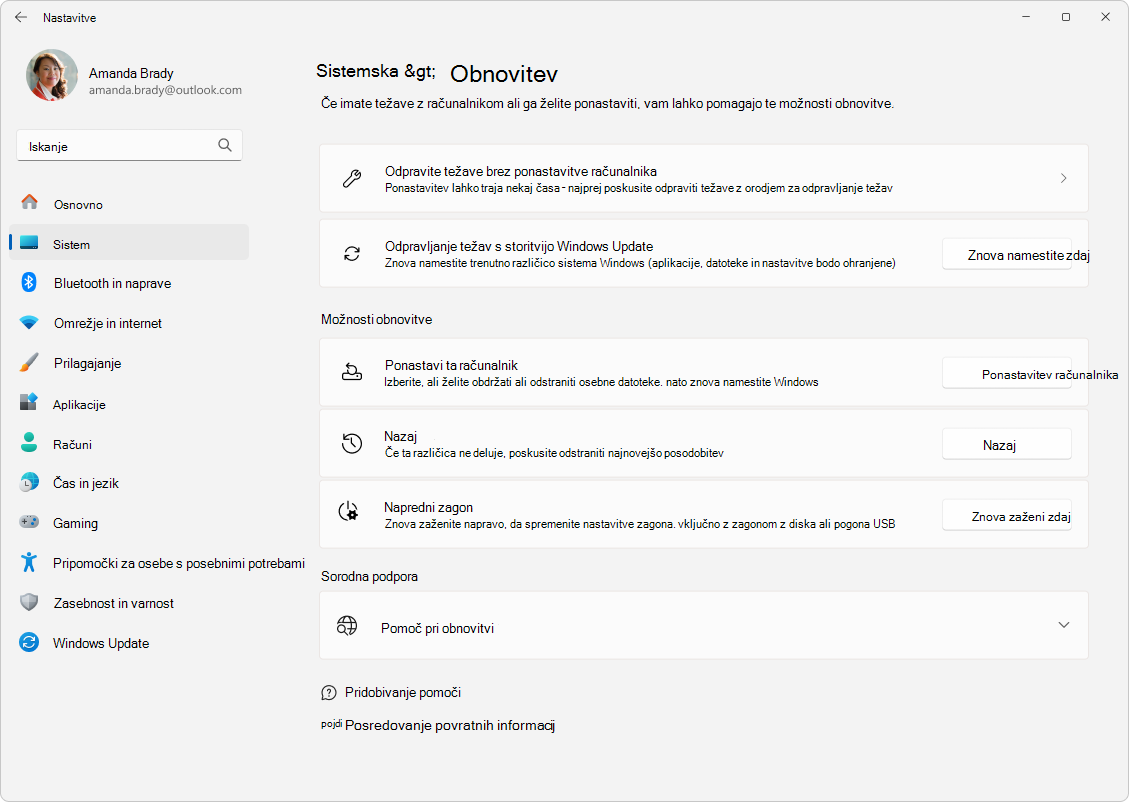 Posnetek zaslona Nastavitve - Sistem - Obnovitev.