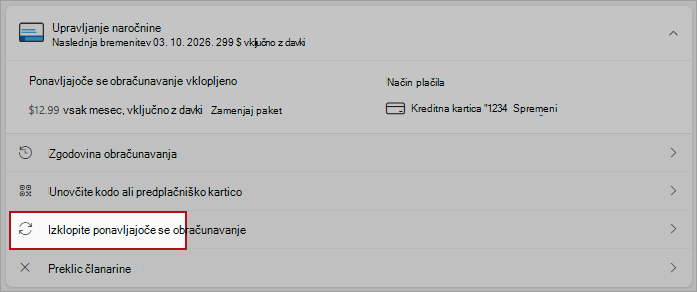 Posnetek zaslona označi mesto gumba, da izklopite ponavljajoče se obračunavanje.