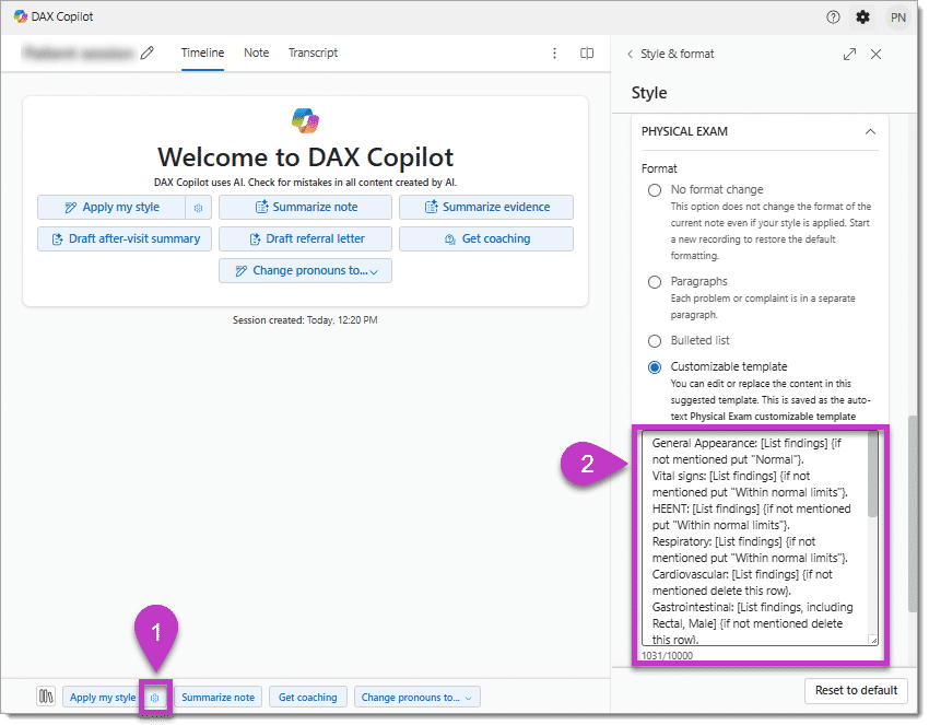 Image highlights steps to verify and modify customizable template highlighted with callouts