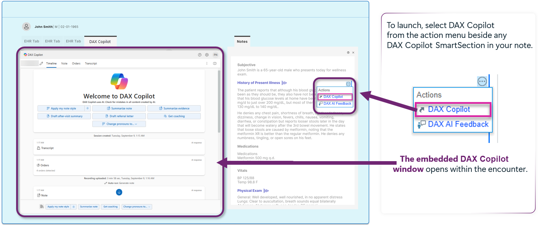 A sample EHR screen showing DAX Copilot as an embedded window.