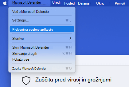 Odprl se je meni storitve Microsoft Defender, ki prikazuje izbrano možnost »Preklopi na osebno aplikacijo«.