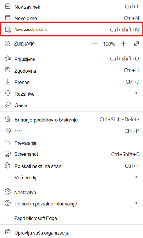 Posnetek zaslona programa Edge za odpiranje okna InPrivate.