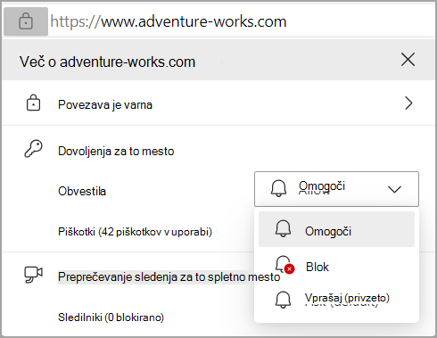 Slika z dovoljenji za obvestila v naslovni vrstici brskalnika Edges.