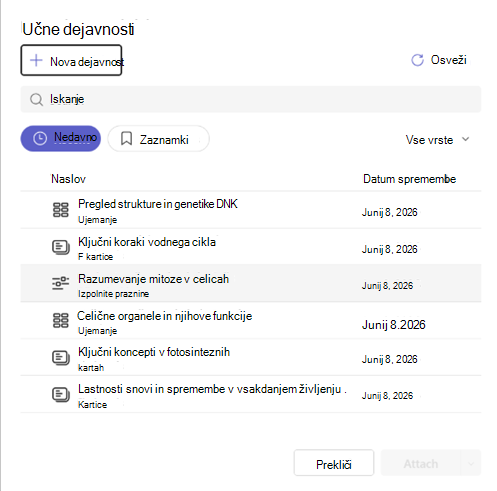 Posnetek zaslona, na katerem je prikazano prilaganje dejavnosti za učenje.