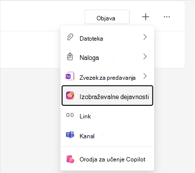 Posnetek zaslona možnosti »Učne dejavnosti« v meniju modula Classwork.