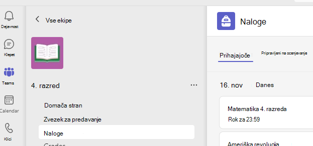 Posnetek zaslona, na katerem so prikazane naloge