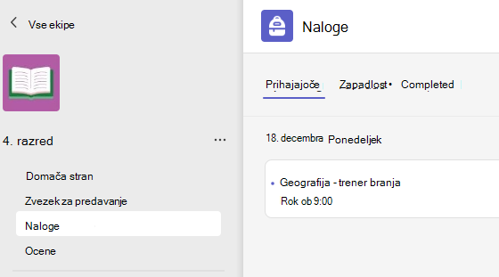Screesnshot, ki prikazuje naloge