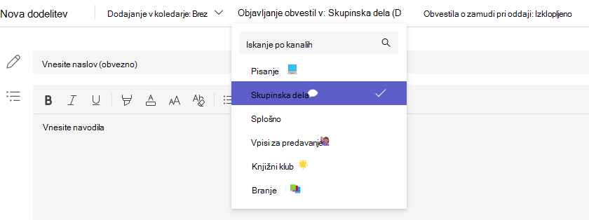 Posnetek zaslona izbire kanala.