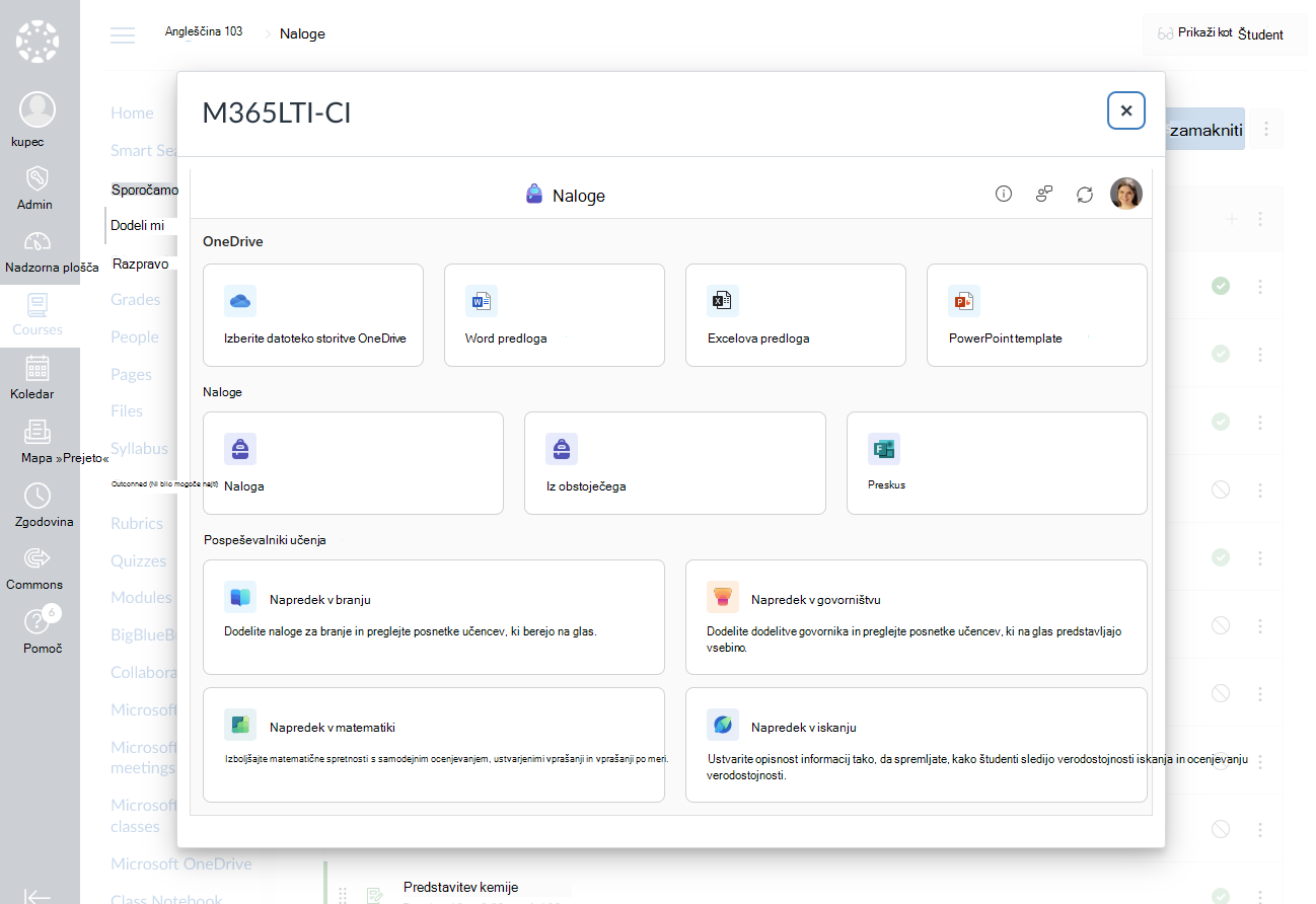 Izberite Microsoftovo izobraževanje, ki ga želite ustvariti za nalogo ali modul