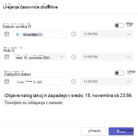 Posnetek zaslona urejanja časovnice naloge.
