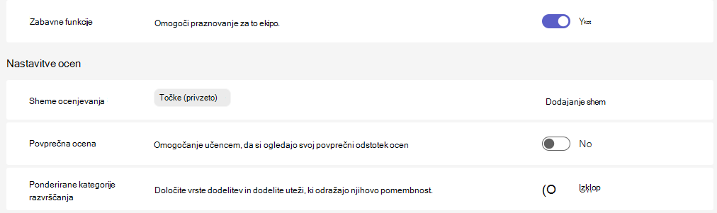 Nastavitve ocen