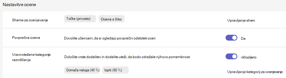 nastavitve ocen