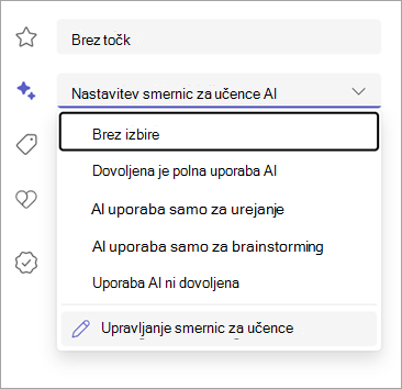 Posnetek zaslona možnosti za nastavitev smernic za AI študenta.