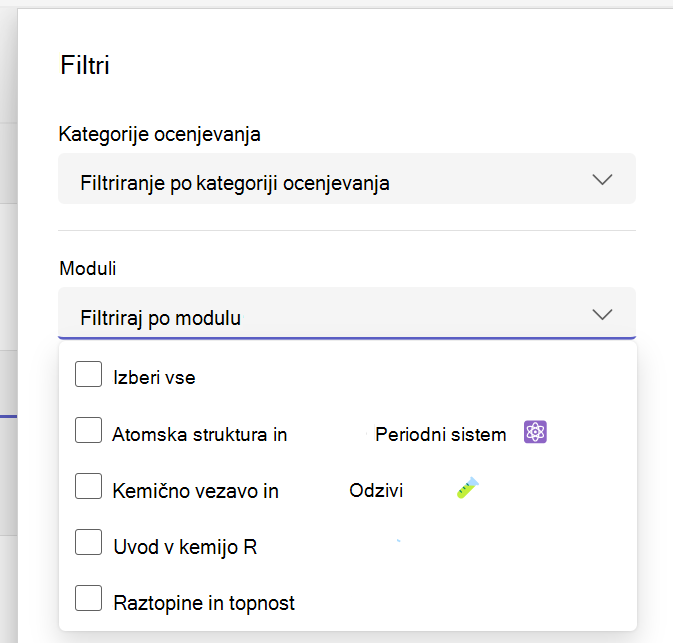Pokaži filter razširjenih modulov na seznamu dodelitev
