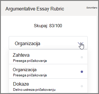 Izberite odsek naloge učencev, ki jo želite oceniti