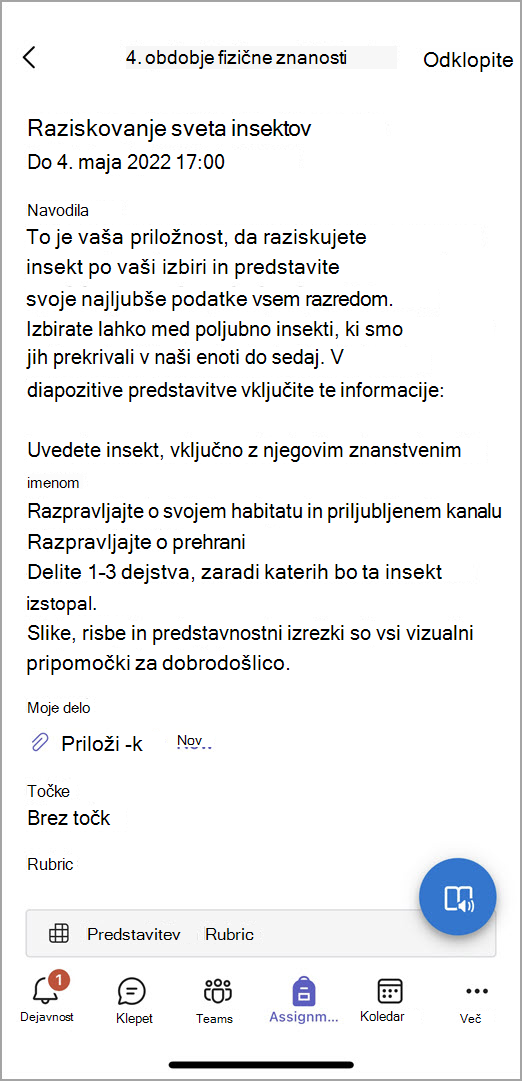 Posnetek zaslona, kaj vidijo učenci, ko oddajo nalogo v mobilni aplikaciji Teams.