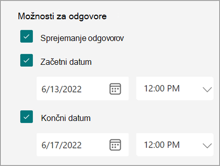 Posnetek zaslona nastavitev obrazca/kviza, kjer lahko uporabniki nastavijo začetni in končni datum za odgovore.