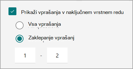 Posnetek zaslona nastavitve kviza/obrazca za naključno in zaklepanje vprašanj v kvizu.