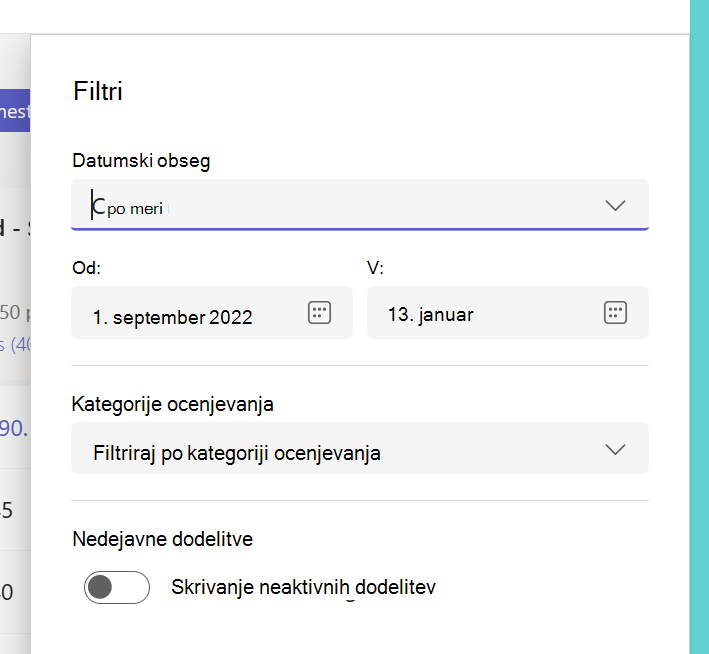 Posnetek zaslona filtrov.