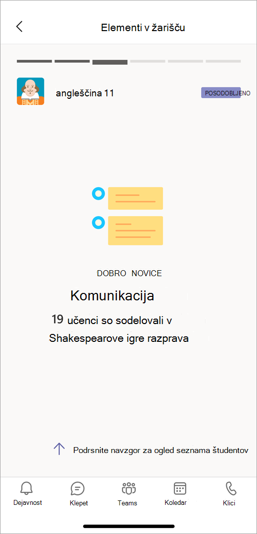 Posnetek zaslona, ki prikazuje podatke o komunikaciji v žarišču iz Vpogledov v mobilnem prikazu, prikazuje učitelja, da je v razpravi o Shakespearu sodelovalo 19 učencev.