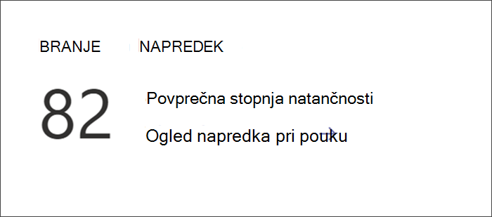 Posnetek zaslona, ki prikazuje vstopno točko za ogled podrobnih podatkov o napredku v branju v Vpogledih. Povprečna stopnja natančnosti je navedena s povezavo za podrobnejši vpogled.