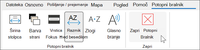 Orodje za potopni bralnik v Outlooku s kazalcem, ki je pri zapiranju