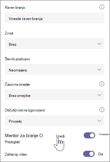posnetek zaslona izbranega odlomka z dodatnimi možnostmi za spreminjanje dodelitve