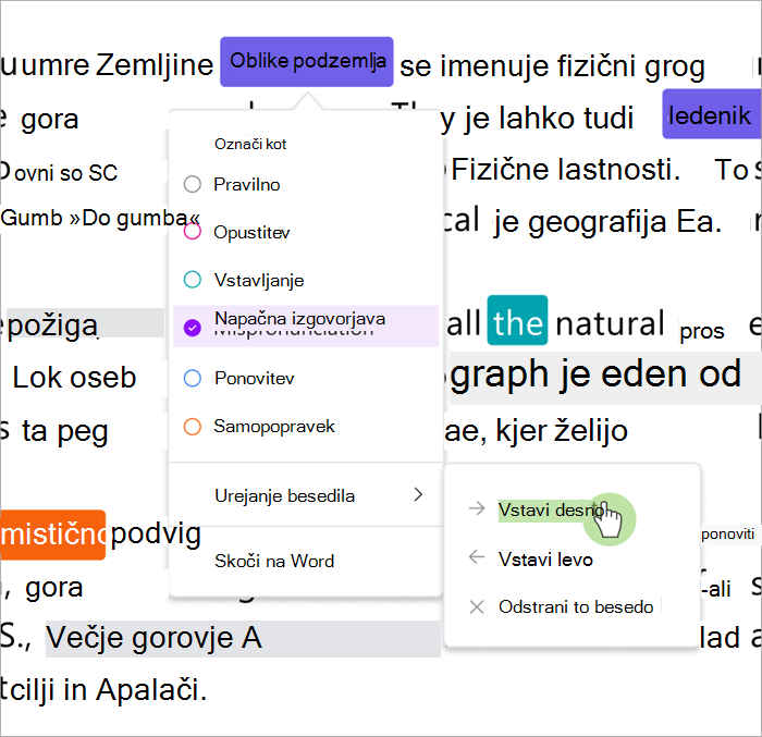 Posnetek podokna pregleda napredka v branju, ki prikazuje, kako vstaviti besede desno ali levo od izbrane besede