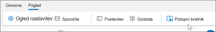 Posnetek zaslona zgornjega dela aplikacije Outlook Web prikazuje izbran zavihek »Pogled« in kazalec miške nad potopnim bralnikom