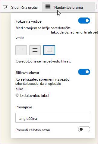 Nastavitve branja v Potopni bralnik