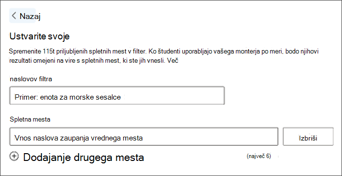 Posnetek zaslona ustvarjanja filtra po meri. Primer naslova filtra pravi enota morskih sesalcev in spodaj je odprt prostor za vnos lastnih želenih spletnih mest.