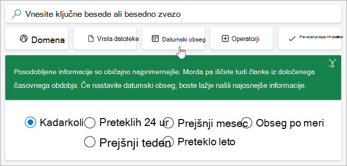 Posnetek zaslona z možnostmi časovnega obdobja, zadnjih 24 ur, pretekli teden, pretekli mesec, preteklo leto, obseg po meri.
