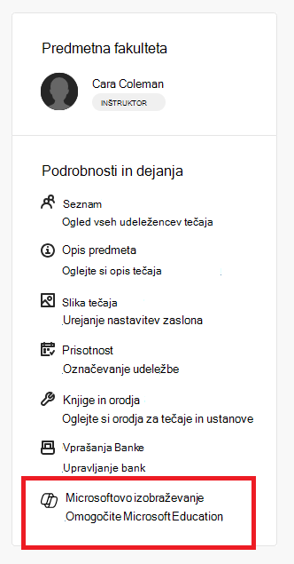 Knjige in orodja Omogoči element Microsoft Education