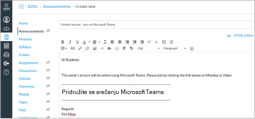Povezava za Microsoft Teams v objavi na delovnem območju