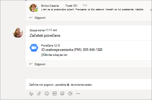 Povezava za povečavo v kanalu Microsoft Teams