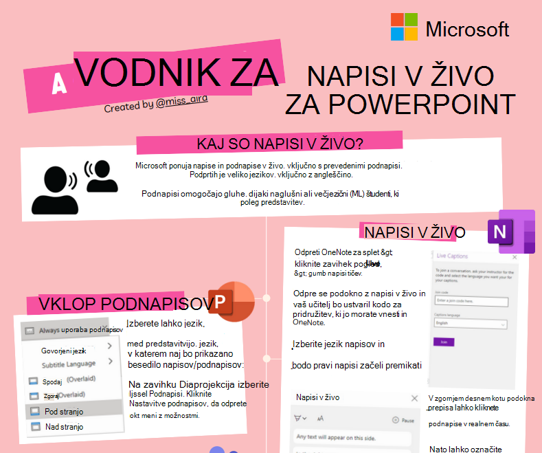 Posnetek zaslona napisov v živo.