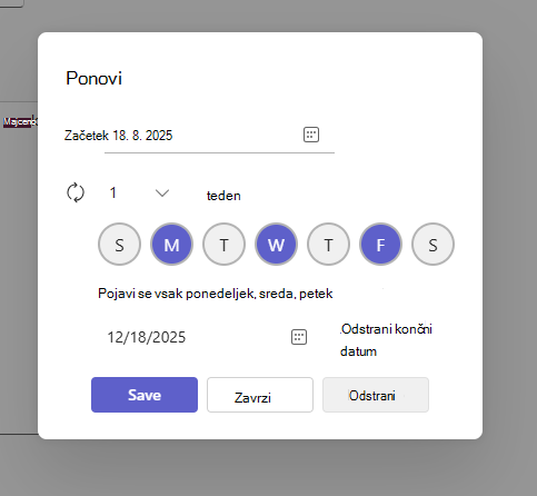 Pogovorno okno z nastavitvami ponavljajočega se srečanja
