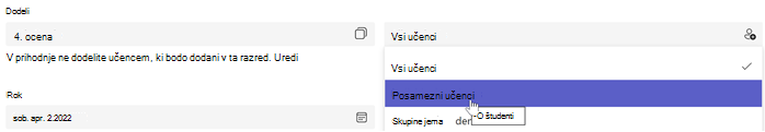 Posnetek zaslona ustvarjanja naloge med izborom možnosti Dodeli: posameznim učencem