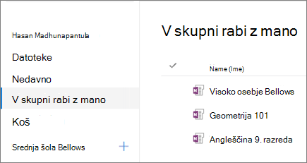 Posnetek zaslona z imeni zvezkov.