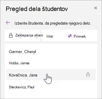 Posnetek zaslona razvrščanja imen.