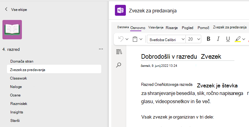 Posnetek zaslona nastavljanja zvezka za predavanja.