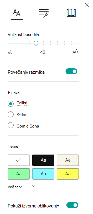 Posnetek zaslona z možnostmi besedila.