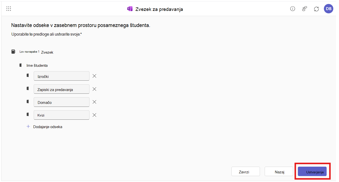 Program Zvezek za predavanja je odprt v integraciji M365 LTI. Uporabnik je pozvan, da uredi in pregleda imena posameznih odsekov v zvezku