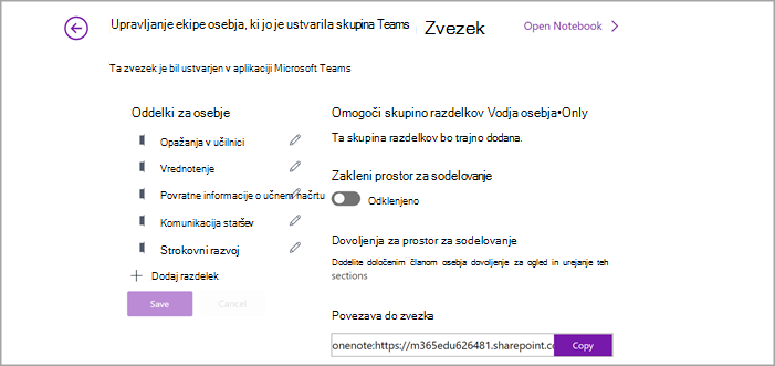 Posnetek zaslona strani za upravljanje nastavitev zvezka za osebje v OneNotu.