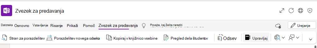 Posnetek zaslona upravljanja zvezkov.