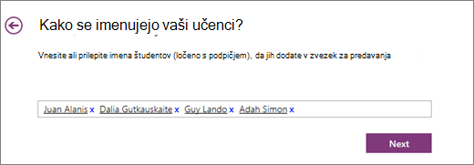 Dodajte imena učencev v zvezek za predavanja za OneNote.